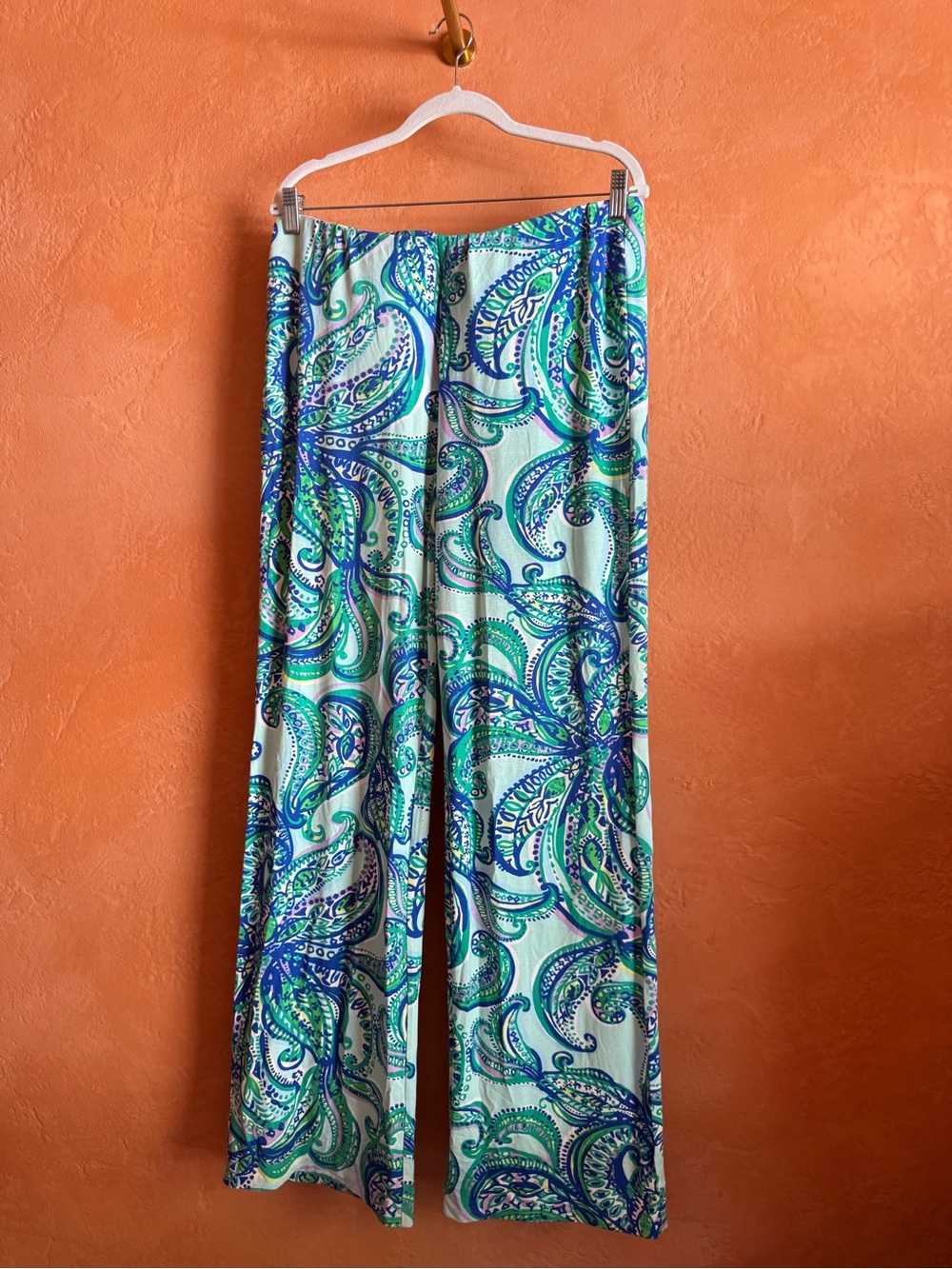Lilly Pulitzer Paisley Palazzo Pants Blue Green Resort Wide Leg L